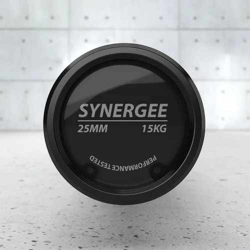 Vista 7 de Synergee Games Barras olímpicas recubiertas de cerámica de 15 kg y 20 kg en color. Estimadas en 1500 libras para levantamiento de pesas y potencia.