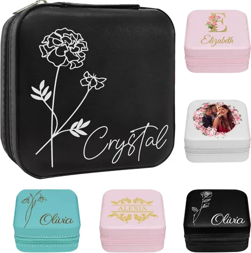 Vista 28 de Joyero personalizado para regalos de dama de honor, flor de nacimiento, inicial, joyería de viaje personalizada para mujeres, organizador de joyas