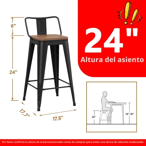 Vista 2 de WENTMENT Juego de 4 taburetes de bar de metal con respaldo extraíble de 24 pulgadas con asiento de madera, color negro