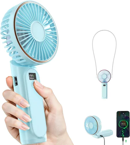 Vista 11 de TUNISE Ventilador de Mano Portátil Recargable, Ventilador Portátil de 4000mAh, Ajustable 180°, 6 Velocidades de Viento, Pantalla de Electricidad