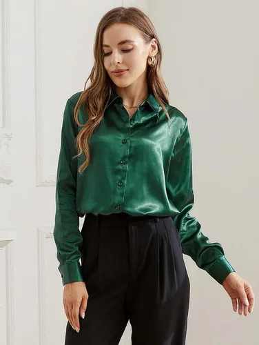 Vista 2 de Damipow Camisas de satén con botones de seda para mujer, camisas de vestir de manga larga, camisas para mujer
