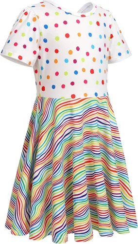 Vista 2 de Vestido de manga corta para niña, vestido de fiesta con vuelo de arco iris, vestido de verano acampanado, casual, vestido de patinadora