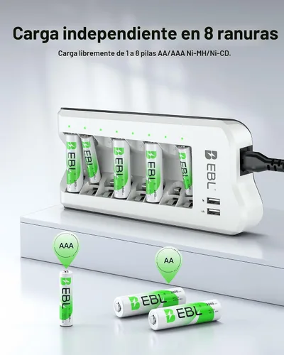 Vista 2 de EBL Baterías recargables NiMH AAA de 1100 mAh (paquete de 16) y cargador de batería AA AAA recargable con 2 puertos de carga USB