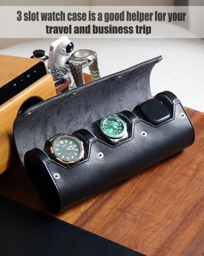 Vista 2 de Caja organizadora de relojes para hombre, rollo de viaje, portátil, 3 relojes, almacenamiento con secciones de terciopelo para sostener reloj grande
