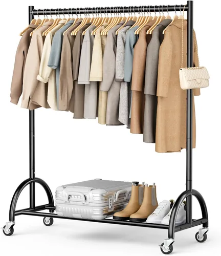 Vista 10 de MISSLO Perchero de ropa resistente con ruedas para colgar ropa, abrigos, ropa, vestidos, negro, 30 pulgadas de ancho