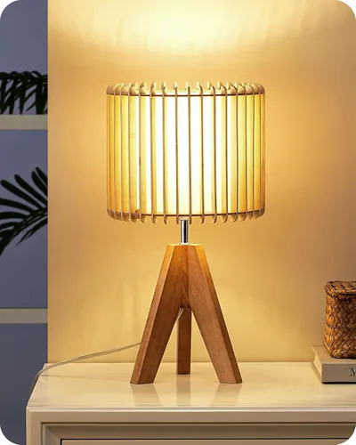 Vista 12 de EDISHINE Lámpara de mesa pequeña estilo Boho, lámpara de mesa de madera color nogal con trípode, lámpara de mesita de noche estilo granja