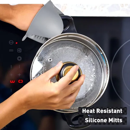 Vista 5 de Remagr Paquete de 12 salvamanteles de silicona con guantes de silicona para horno, soportes antideslizantes para ollas, resistentes al calor