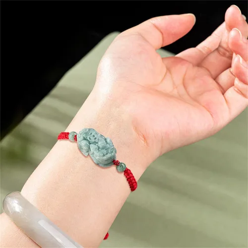 Vista 4 de Pulsera de cuerda roja Pixiu de jade jadeíta natural de grado A, campana, Plata, Sin aplicación