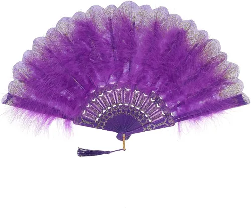 Vista 12 de BABEYOND Abanico de plumas de marabú estilo vintage de los años 20, abanico plegable de mano estilo flapper para disfraz y baile