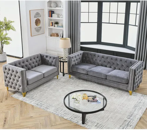 Vista 18 de mikibama Sofá de 3 plazas de terciopelo de 80.5 pulgadas para sala de estar, sofás de 3 asientos con botones copetudos con bordes de clavos, sofás