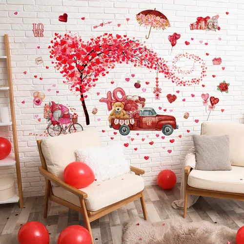 Vista 3 de 2 hojas de calcomanías de pared para el día de San Valentín, árbol de corazón, árbol rojo, camión, día de San Valentín, calcomanías de pared