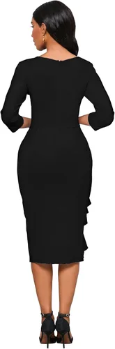 Vista 6 de Yajedo - Vestidos de iglesia para mujer, diseño clásico de manga 34, entallado, con volantes, vestido tubo de largo por debajo de la rodilla