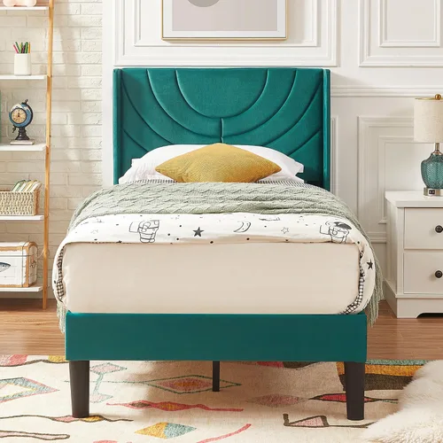 Vista 12 de VECELO Marco de Cama Tamaño Twin Plataforma Tapizada con Cabecera de Tela Ondulada/Soporte de Listones de Madera/No Necesita Somier/Base de Colchón