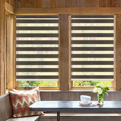 Vista 4 de Tonature Persianas de cebra tejidas naturales para ventanas, persianas enrollables inalámbricas para filtrar la luz, tela de doble capa para puerta