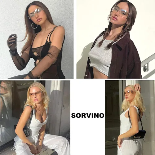 Vista 3 de SORVINO Lentes de sol Y2K sin montura para mujeres y hombres, diseño de escudo futurista de moda, de gran tamaño de los años 2000, con estrellas