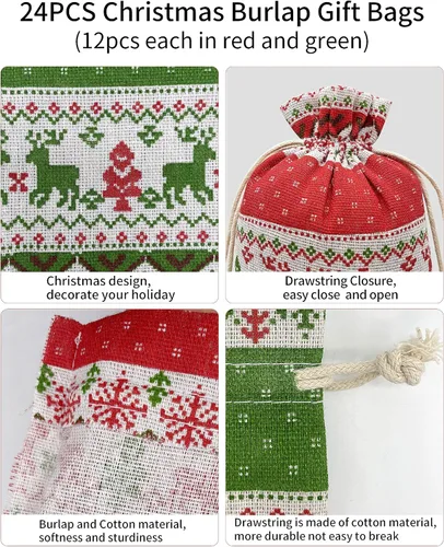 Vista 5 de Jexila 24 bolsas de regalo de arpillera de Navidad de 4 x 6 pulgadas, reutilizables, pequeñas bolsas de dulces con cordón de Navidad para niños
