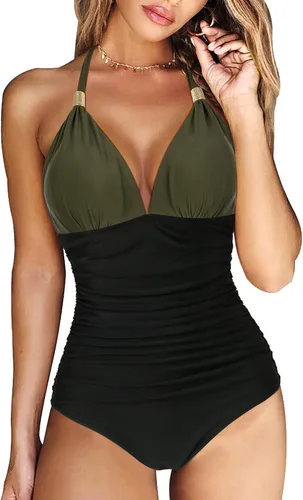Vista 36 de RXRXCOCO - Traje de baño fruncido de una pieza, con cuello en V, para mujer, con control de abdomen y cuello halter