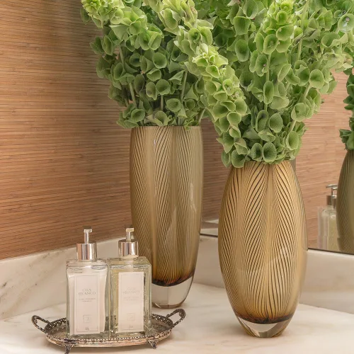 Vista 5 de Ca D Oro - Florero de cristal estilo Murano, patrón de plumas de ámbar, vidrio soplado a mano para flor, decoración de habitación y centro de mesa