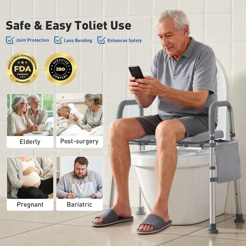 Vista 2 de WHLICKS Asiento elevado para inodoro con asas – Asiento elevado de ancho ajustable, cómodos elevadores de asiento de inodoro acolchados