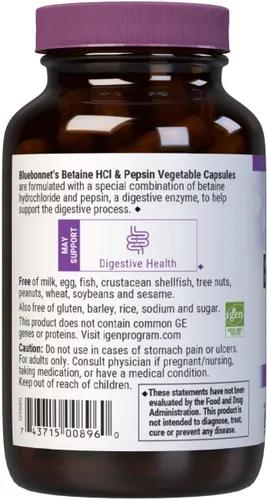 Vista 3 de BlueBonnet Betaína HCI Plus Pepsina Cápsulas Vegetarianas, 90 unidades Enzimas digestivas para mujeres y hombres; sin OMG, vegetariano, sin gluten