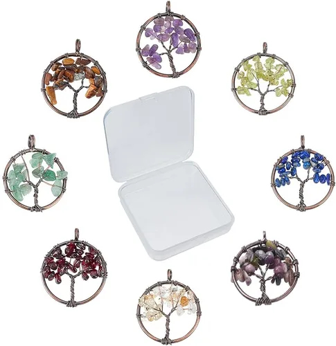 Vista 7 de SUNNYCLUE 8 dijes de árbol de la vida, piedras preciosas de cristal de cuarzo, planas, redondas, con agujero para joyería y pulsera, chakras, collar