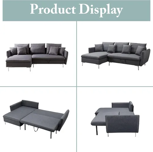 Vista 5 de Sofá modular reversible con cama extraíble, sofá modular en forma de L con patas de metal y 4 almohadas lumbares, juegos de muebles de sofá Gris