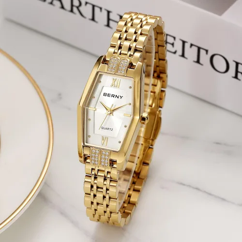 Vista 4 de BERNY Relojes de oro para mujer, delicado hexágono, reloj de pulsera de cuarzo para mujer, correa de acero inoxidable, reloj analógico de moda