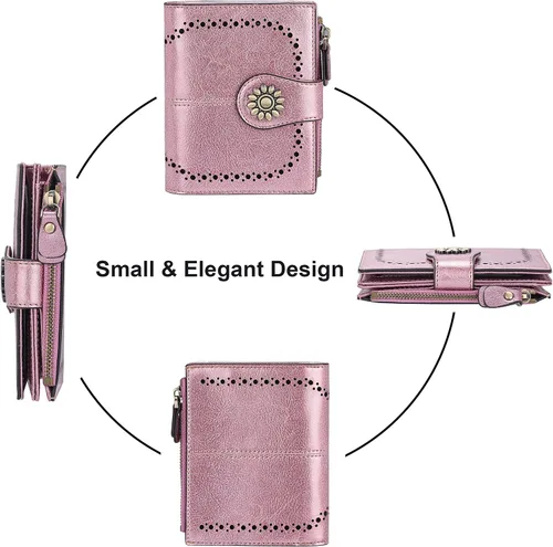 Vista 3 de Lavemi Cartera de piel para mujer, pequeña, compacta, con bloqueo RFID, para tarjetas de crédito, con bolsillo con cremallera