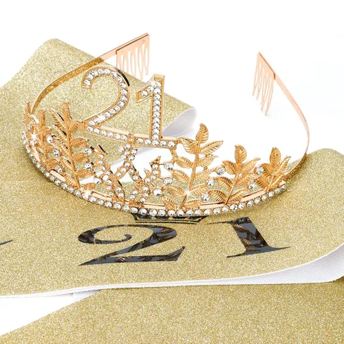 Vista 6 de Banda y tiara dorada de cumpleaños número 21, decoraciones y decoración para tartas, corona de finalmente 21