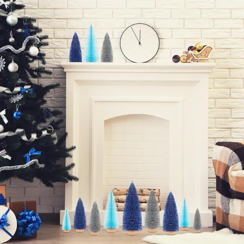 Vista 5 de Leyndo - 9 unidades de árboles artificiales de Navidad clásicos azules en miniatura con base de madera de pino de sisal para decoración de otoño