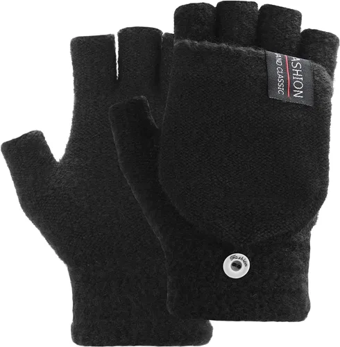 Vista 17 de THINP Guantes sin dedos para mujeres y hombres, guantes de invierno, guantes de lana cálida de punto sin dedos con tapa, guantes convertibles