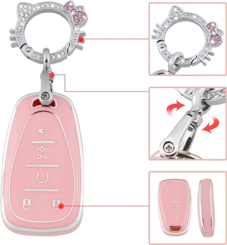 Vista 4 de Pangpai - Funda para llavero rosa para Chevy, carcasa protectora de TPU suave con llavero brillante compatible con Chevrolet Equinox Malibu Camaro