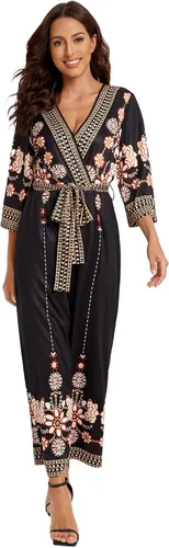 Vista 3 de Verdusa Mono bohemio floral de cintura alta con cinturón y pierna ancha para mujer
