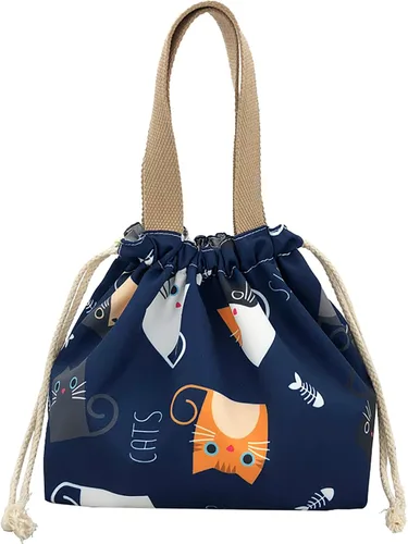 Vista 8 de Mini bolsa de almuerzo reutilizable pequeña linda bolsa de almuerzo con cordón adecuado para niñas, mujeres, perros, beige