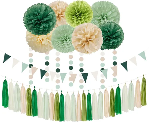 Vista 19 de Decoraciones de Fiesta de Halloween Negro-Morado Naranja Verde - 30 piezas Pompones de Papel Tissue, Serpentinas, Guirnalda de Borlas, Pancarta