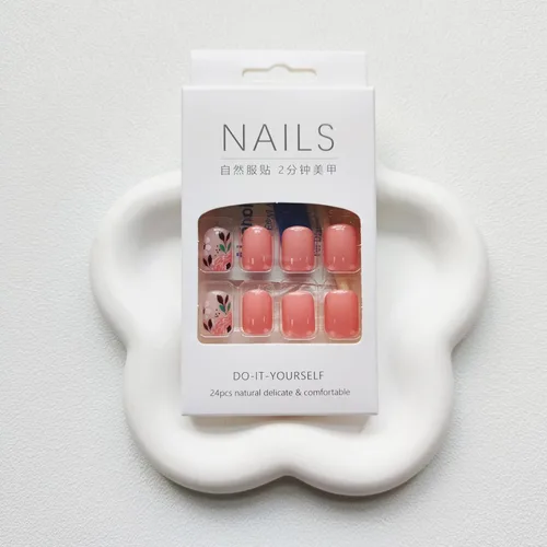 Vista 5 de Uñas postizas a presión de otoño, uñas postizas cuadradas cortas de cobertura completa con diseño de flores rosas, lindas uñas acrílicas brillantes