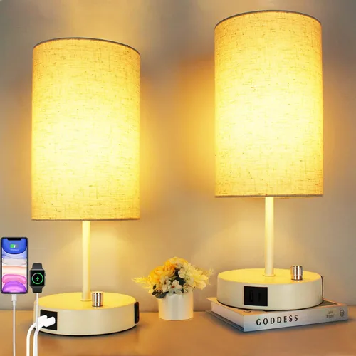 Vista 10 de HiBay Lámpara de mesita de noche regulable de 17.75 pulgadas con estación de carga, 2 puertos USB y salida de CA, luz rústica de grano de madera