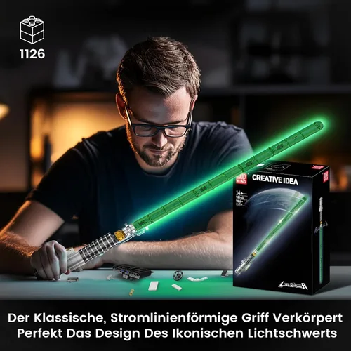 Vista 7 de Mould King MOC 10140 MOC - Juego de bloques de construcción de sable de luz, hoja verde clásica con efecto de luz, soporte noble, soporte creativo