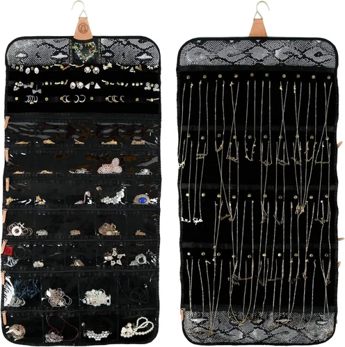 Vista 12 de Angelina's Palace Tenby Jewelry - Organizador de doble cara para colgar en el armario, rollo de almacenamiento de joyas, 24 barras de anillos