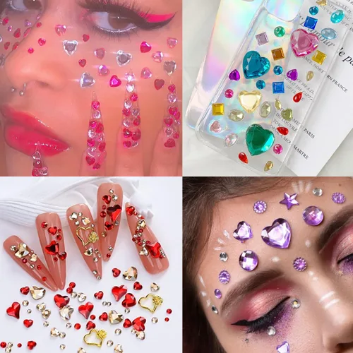 Vista 5 de 436 calcomanías de diamantes de imitación de corazón, gemas de corazón acrílicas, calcomanías de cristal de espalda plana para cuerpo, maquillaje