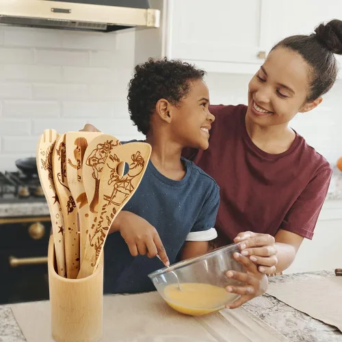 Vista 5 de Cucharas de bambú orgánico The Little Mermaid para cocinar patrón de cartton personalizado cocina utensilios quemados espátula artículos