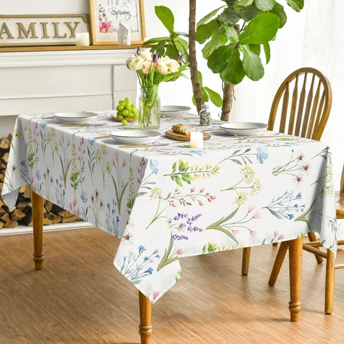 Vista 3 de Horaldaily Mantel rectangular de primavera de 52 x 70 pulgadas, diseño de flores silvestres, hierbas florales, elegante, lavable, para fiesta