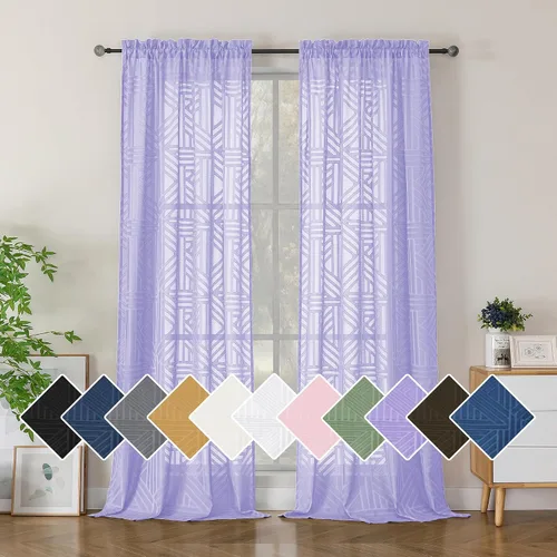 Vista 64 de Simplebrand Cortinas traslúcidas negras de cocina de 24 pulgadas de largo, 2 paneles, filtrado de luz, geométrico jacquard con textura, cortinas
