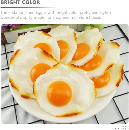 Vista 5 de Modelos de huevos fritos simulados, 4 piezas de huevos fritos falsos, juguetes de comida para niños, decoración de cocina, accesorios para fotos