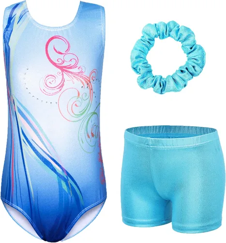 Vista 30 de XFGIRLS Leotardos de gimnasia para niñas con purpurina y pantalones cortos a juego Negro