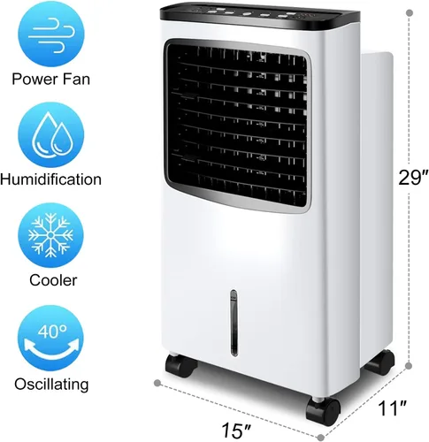 Vista 2 de Enfriador de aire evaporativo 3 en 1, enfriador de aire oscilante ancho con humidificador, control remoto, 2 paquetes de hielo y tanque de agua