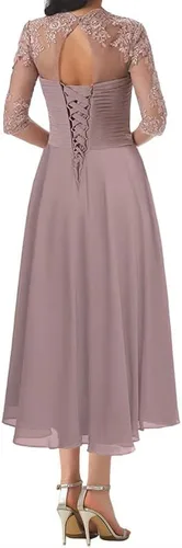 Vista 2 de Vestido formal de noche alto y bajo, vestido formal de encaje para invitados de boda, vestido de novio, apliques con cuentas de manga 34