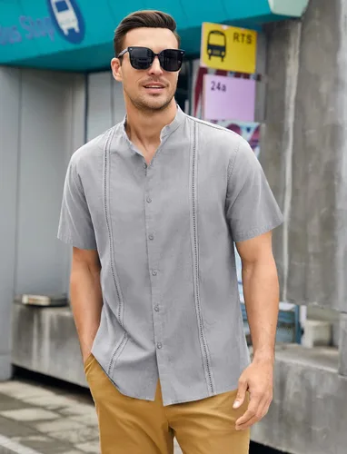 Vista 2 de Ryannology Camisas guayabera de lino de manga corta con botones para hombre, estilo casual, playa, campamento cubano, camisa mexicana para hombre