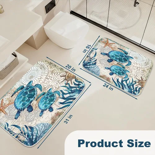 Vista 2 de Alfombra de baño de terciopelo coral con diseño náutico de tortugas marinas, animales de playa, tapete de ducha antideslizante para baño de océano