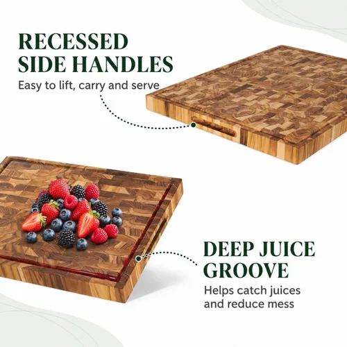 Vista 3 de Tabla de cortar de grano extremo de teca 17x13x1.5", ranura profunda para jugo y asas laterales Madera natural